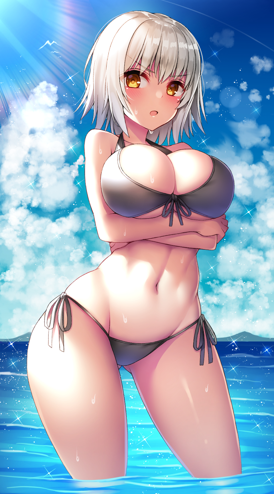 1girl bangs bare_shoulders beeyan bikini black_bikini blue_sky blush breasts cleavage collarbone crossed_arms fate/grand_order fate_(series) gluteal_fold hair_between_eyes highres hips jeanne_d'arc_(alter)_(fate) jeanne_d'arc_(fate)_(all) large_breasts looking_to_the_side navel ocean open_mouth short_hair silver_hair sky solo sparkle sunlight swimsuit thighs wading waist wet yellow_eyes
