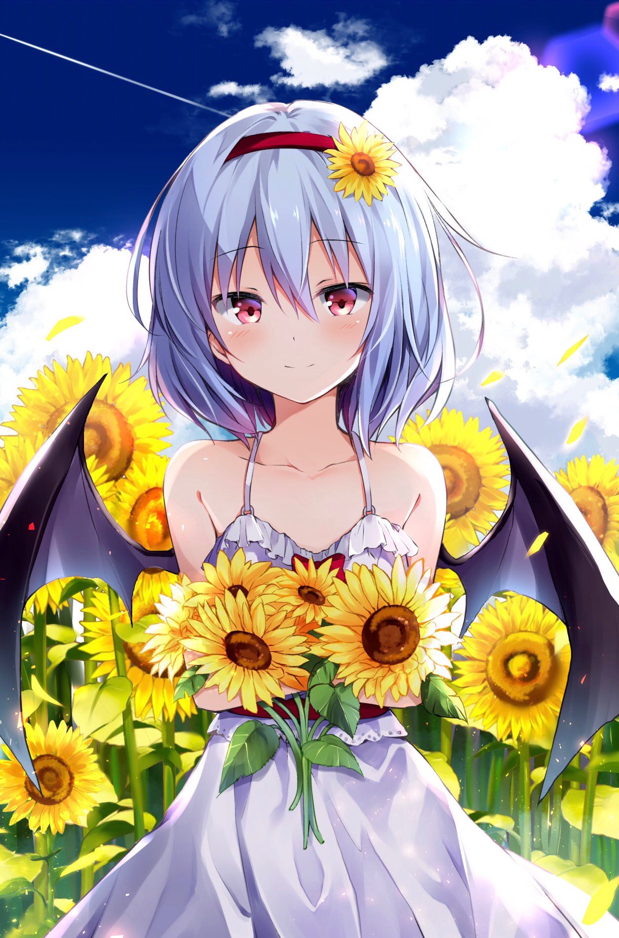 1girl alternate_costume bare_shoulders bat_wings blue_hair blue_sky blush bow clouds collarbone commentary_request day dress eyebrows_visible_through_hair feet_out_of_frame flower frilled_dress frills hair_between_eyes hair_flower hair_ornament hairband highres holding holding_flower hyurasan lens_flare light_particles looking_at_viewer no_hat no_headwear o-ring outdoors petals red_bow red_eyes red_hairband red_sash remilia_scarlet sash short_hair sky smile solo spaghetti_strap standing sunflower sunflower_hair_ornament touhou white_dress wings