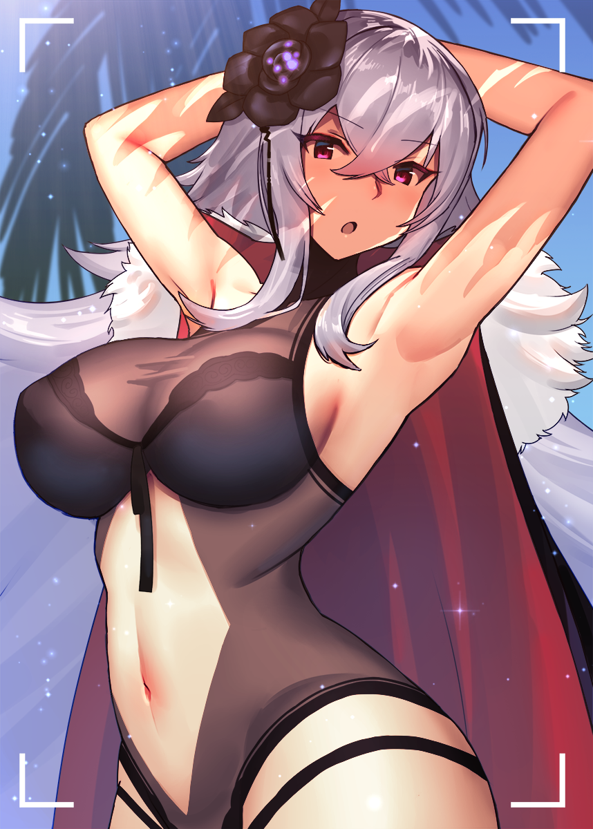 1girl :o arched_back armpits arms_behind_head azur_lane bare_arms black_swimsuit blurry blurry_background breasts cape cleavage commentary_request cowboy_shot dakunesu eyebrows_visible_through_hair flower graf_zeppelin_(azur_lane) hair_between_eyes hair_flower hair_ornament highleg highleg_swimsuit highres large_breasts long_hair looking_at_viewer navel navel_cutout one-piece_swimsuit palm_tree silver_hair sunlight swimsuit thighs tree viewfinder