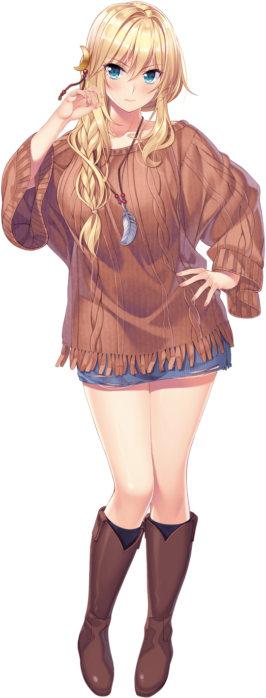 1girl aqua_eyes arm_up blonde_hair blush boots braid brown_footwear chika_(uchi_no_kanojo) crescent crescent_hair_ornament feathers fringe full_body hair_ornament hair_over_shoulder highres jewelry long_hair long_sleeves looking_at_viewer necklace official_art skirt solo transparent_background uchi_no_kanojo yamakaze_ran