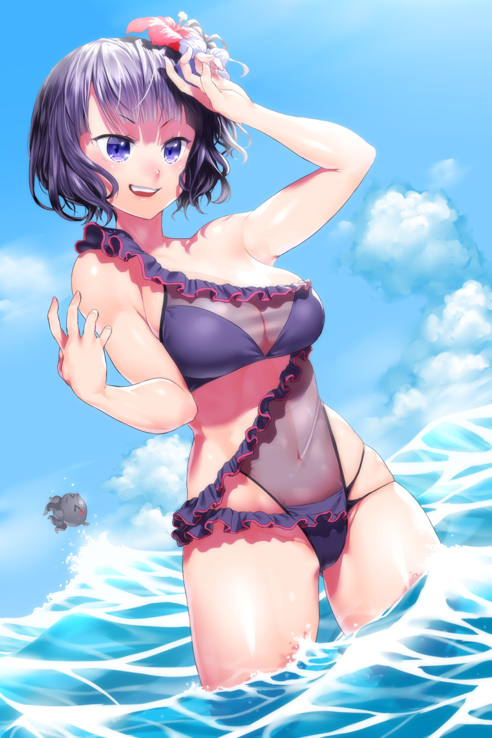 1girl arm_up bangs bare_shoulders blue_sky blush breasts cleavage clouds commentary_request day eyebrows_visible_through_hair fate/grand_order fate_(series) flower frilled_swimsuit frills gluteal_fold hair_flower hair_ornament hands_up highres katsushika_hokusai_(fate/grand_order) large_breasts navel ocean octopus onsoku_maru open_mouth outdoors purple_hair purple_swimsuit see-through short_hair skindentation sky smile solo swimsuit violet_eyes wading water