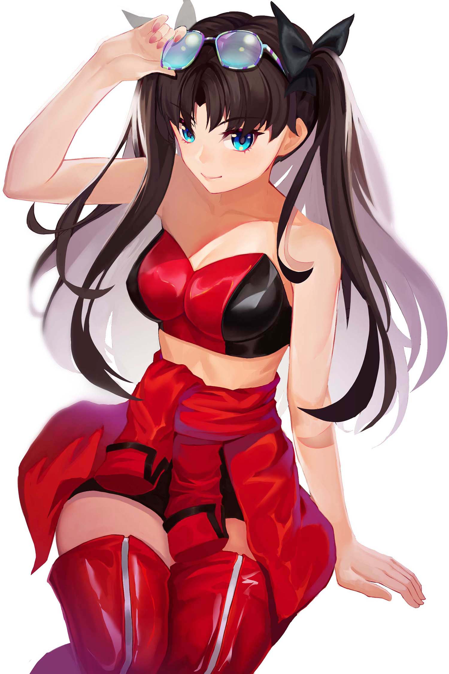 1girl adjusting_eyewear arm_support bare_shoulders black_bow blue_eyes boots bow breasts brown_hair cleavage clothes_around_waist fate/grand_order fate/stay_night fate_(series) from_above gaoyang_ou_nisang glasses hair_bow highres jacket_around_waist long_hair simple_background smile solo sunglasses thigh-highs thigh_boots tohsaka_rin twintails white_background