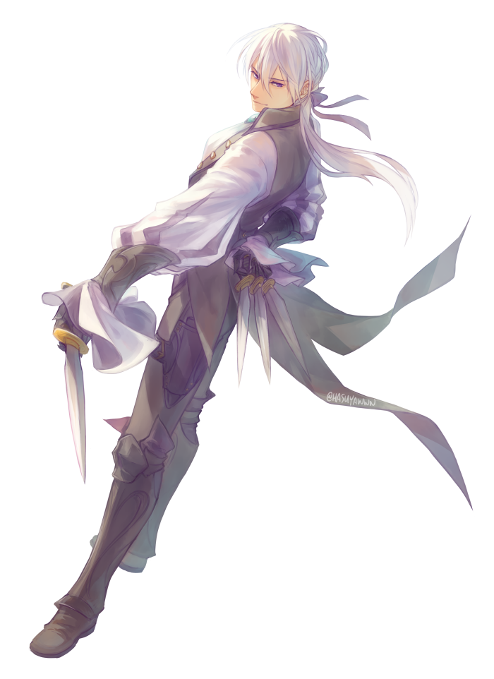 1boy boots butler fire_emblem fire_emblem_if gloves holding holding_knife holding_weapon jacket jen_(hasuyawwn) joker_(fire_emblem_if) knife ponytail simple_background smile solo violet_eyes weapon white_background white_hair