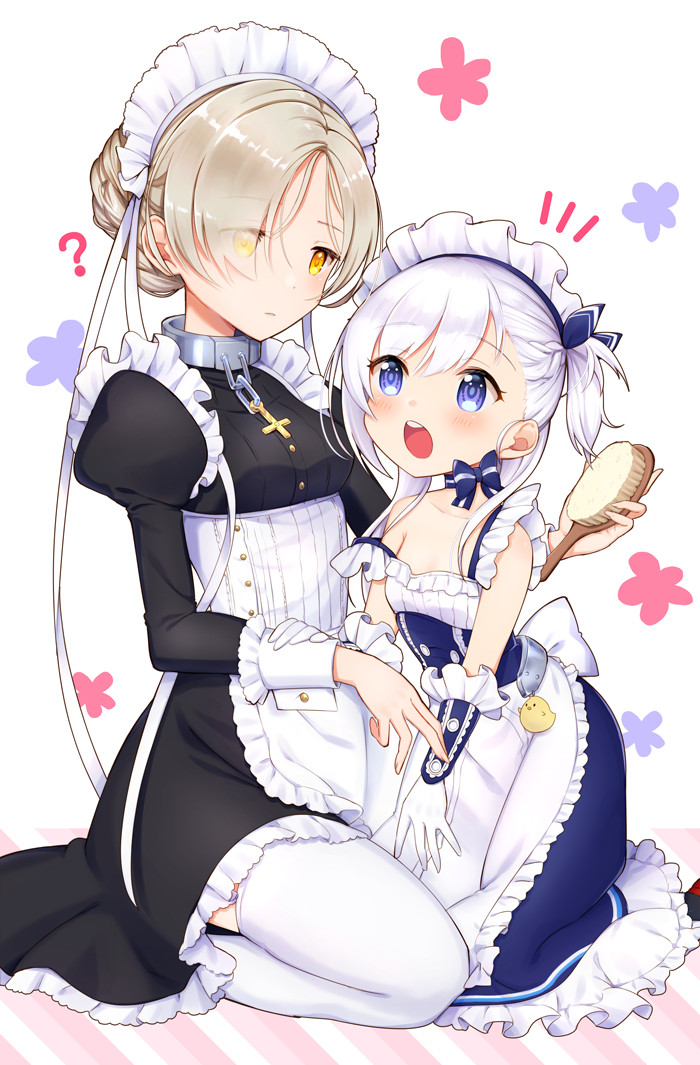 2girls ? animal apron azur_lane bare_shoulders belchan_(azur_lane) belfast_(azur_lane) bird black_dress blue_dress blue_eyes blush braid chains chick closed_mouth collarbone commentary_request dress elbow_gloves eye_contact eyes_visible_through_hair frilled_apron frilled_dress frills gloves hair_brush hair_over_one_eye hand_on_another's_arm holding holding_brush juliet_sleeves latin_cross light_brown_hair long_hair long_sleeves looking_at_another maid_headdress mugi_(iccomae) multiple_girls notice_lines one_side_up open_mouth puffy_sleeves round_teeth seiza sheffield_(azur_lane) sidelocks silver_hair sitting sleeveless sleeveless_dress strap_slip teeth thigh-highs upper_teeth waist_apron white_apron white_gloves white_legwear yellow_eyes