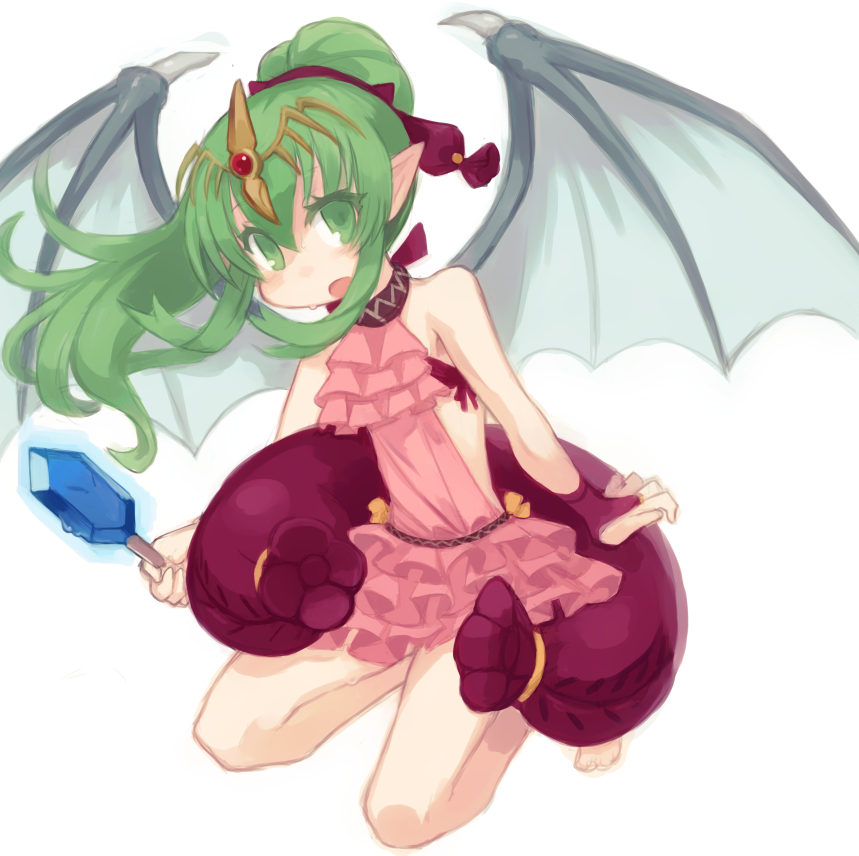 1girl chiki dragon_wings fire_emblem fire_emblem:_mystery_of_the_emblem fire_emblem_heroes food green_eyes green_hair hair_ribbon long_hair mamkute open_mouth pink_swimsuit pointy_ears ponytail popsicle red_ribbon ribbon simple_background solo swimsuit tiara tonnyoriclayer white_background wings