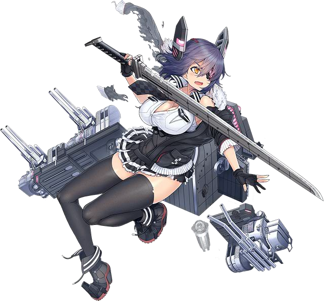 1girl ayaki black_gloves black_jacket black_legwear breast_pocket breasts checkered checkered_neckwear cleavage collarbone eyepatch full_body gloves headgear high_heels jacket kantai_collection large_breasts looking_to_the_side messy_hair necktie official_art open_clothes open_mouth open_shirt partly_fingerless_gloves pocket purple_hair remodel_(kantai_collection) rigging school_uniform short_hair solo sword tenryuu_(kantai_collection) thigh-highs torn_clothes torn_jacket turret weapon yellow_eyes