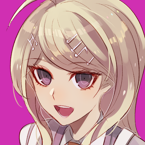 1girl :d ahoge akamatsu_kaede bangs blonde_hair dangan_ronpa long_hair looking_at_viewer lowres musical_note_hair_ornament namiey new_dangan_ronpa_v3 open_mouth parted_bangs portrait purple_background shiny shiny_hair simple_background smile solo violet_eyes