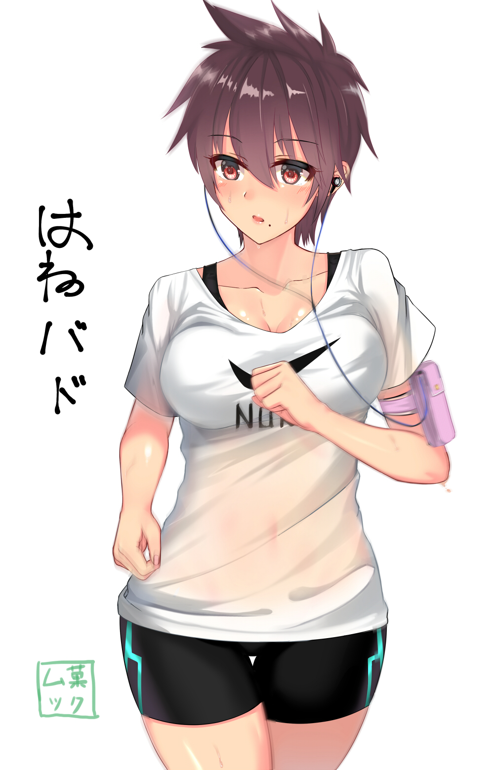 1girl aragaki_nagisa black_shorts blush brown_hair collarbone covered_navel digital_media_player earphones earphones eyebrows_visible_through_hair hair_between_eyes hanebado! highres looking_at_viewer mole mole_under_mouth mukatsukulsp red_eyes see-through shirt short_hair shorts solo spiky_hair standing sweat t-shirt