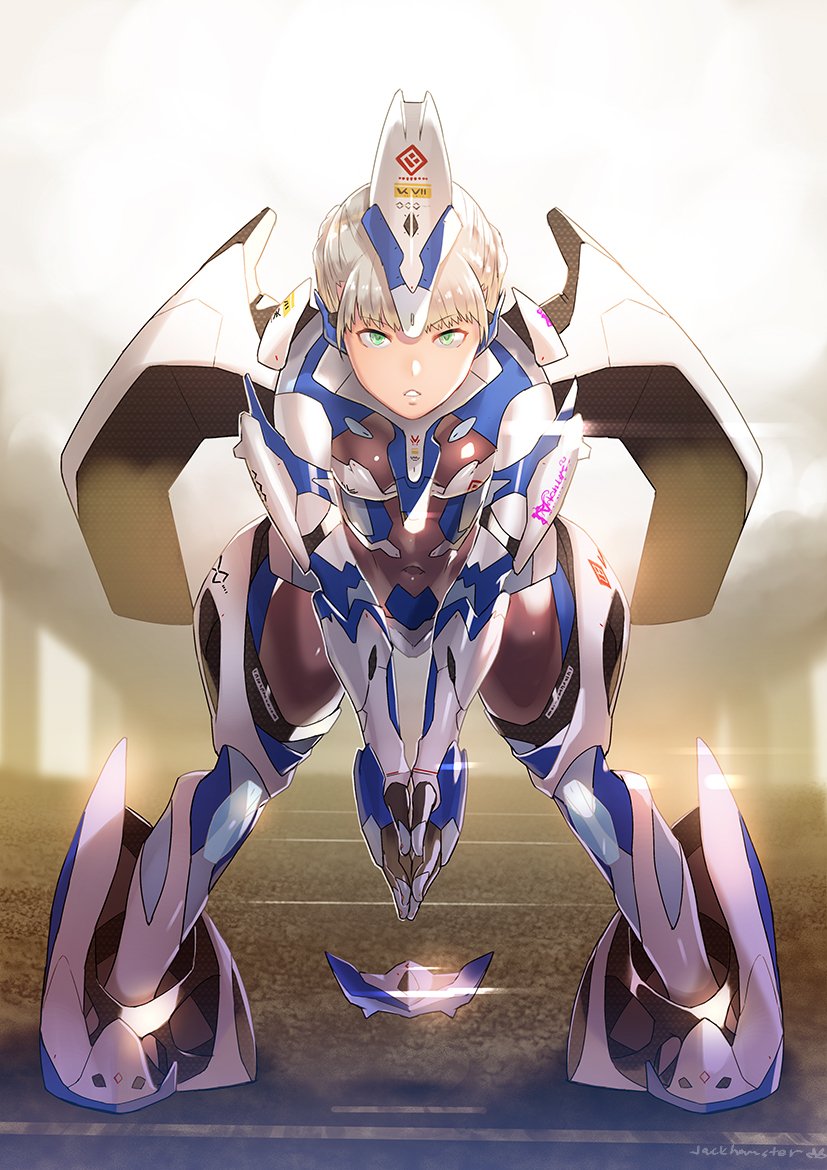 1girl aqua_eyes bodysuit covered_navel hands_clasped jack_hamster leaning_forward looking_at_viewer mecha_musume original own_hands_together parted_lips see-through short_hair silver_hair skin_tight solo