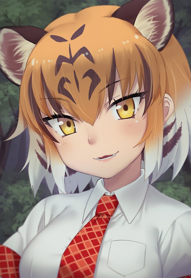 1girl animal_ears animal_print black_hair breast_pocket collared_shirt commentary eyebrows_visible_through_hair fang headshot kemono_friends multicolored_hair necktie nitose25 orange_hair plaid_neckwear plaid_trim pocket shirt short_hair short_sleeves solo tiger_(kemono_friends) tiger_ears tiger_print white_hair yellow_eyes