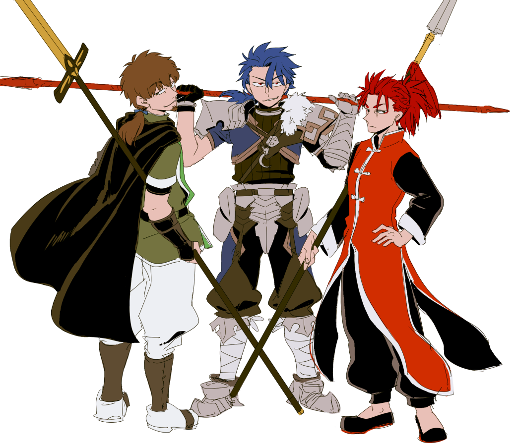 3boys asaya_minoru bangs black_footwear black_gloves black_pants blue_hair brown_cape brown_hair cape chinese_clothes closed_mouth cu_chulainn_(fate/prototype) eyebrows_visible_through_hair fate/extra fate/grand_order fate/prototype fate_(series) gae_bolg gauntlets gloves green_shirt hair_between_eyes hand_on_hip hands_up hector_(fate/grand_order) holding holding_lance lance li_shuwen_(fate) long_hair long_sleeves low_ponytail male_focus multiple_boys over_shoulder pants parted_lips polearm ponytail red_eyes redhead shirt short_sleeves simple_background single_gauntlet single_glove smile standing v-shaped_eyebrows weapon weapon_over_shoulder white_background white_pants