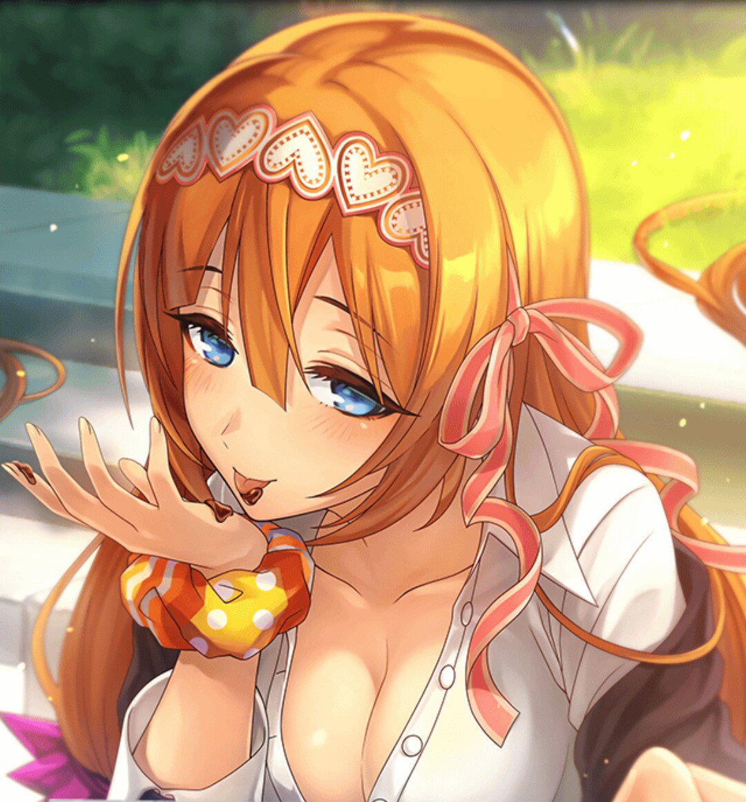 artist_request blue_eyes blush breasts chocolate_on_fingers cleavage grass hair_ribbon headband heart large_breasts licking licking_hand official_art orange_hair phantom_of_the_kill pink_ribbon pisarl_(phantom_of_the_kill) ribbon scrunchie shirt stairs tongue tongue_out unbuttoned unbuttoned_shirt white_shirt yellow_scrunchie