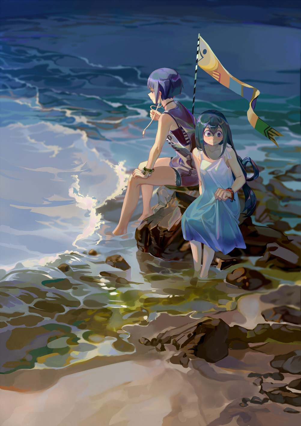 2girls asui_tsuyu barefoot beach black_hair blurry boku_no_hero_academia bracelet depth_of_field dress green_hair highres jewelry jirou_kyouka koinobori long_hair low-tied_long_hair multiple_girls partially_submerged rock sand short_hair short_shorts shorts sitting smile soaking_feet sundress taro-k water