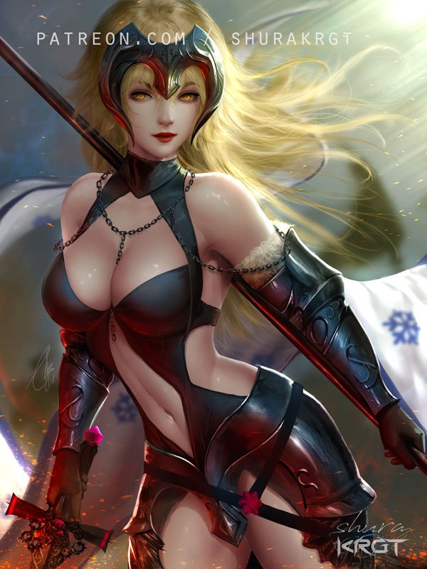 1girl armor armored_dress bare_shoulders black_dress blonde_hair breasts chains cleavage commentary dress english_commentary facing_viewer fate/grand_order fate_(series) faulds flag fur_trim gauntlets headpiece holding holding_sword holding_weapon jeanne_d'arc_(alter)_(fate) jeanne_d'arc_(fate)_(all) large_breasts navel_cutout red_lips shurakrgt sword weapon yellow_eyes