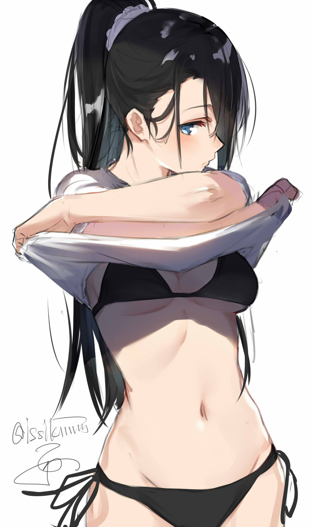 1girl artist_name bikini black_hair blue_eyes blush breasts cleavage cowboy_shot crossed_arms hair_over_one_eye highres isshiki_(ffmania7) long_hair medium_breasts navel original ponytail profile shirt shirt_lift side-tie_bikini simple_background sketch solo swimsuit t-shirt twitter_username white_background