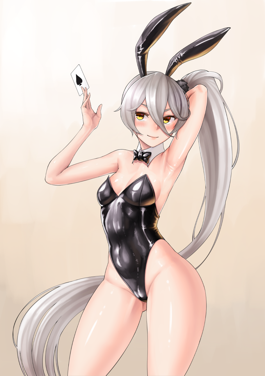 1girl ahoge armpits arms_up bare_shoulders black_leotard blush breasts bunnysuit card cloel covered_navel detached_collar eyebrows_visible_through_hair girls_frontline gluteal_fold hair_between_eyes highleg highleg_leotard highres leotard long_hair looking_at_viewer medium_breasts pkp_(girls_frontline) playing_card shiny shiny_hair shiny_skin side_ponytail silver_hair solo standing strapless strapless_leotard tsurime very_long_hair yellow_eyes