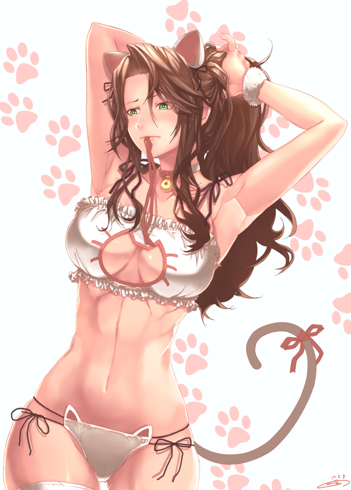 1girl abs animal_ears armpits bangs bell bell_choker blush bra braid breasts brown_hair cat_cutout cat_ear_panties cat_ears cat_lingerie cat_tail choker cleavage cleavage_cutout collarbone dated embarrassed eyebrows_visible_through_hair girls_frontline gloves green_eyes groin hair_ornament hair_ribbon jingle_bell large_breasts lee-enfield_(girls_frontline) long_hair looking_away meme_attire mouth_hold navel panties ponytail red_ribbon ribbon ribbon_in_mouth ribs side-tie_panties sidelocks signature skindentation solo ssalbaram stomach tail tail_ribbon thigh-highs thighs tying_hair underwear underwear_only white_legwear