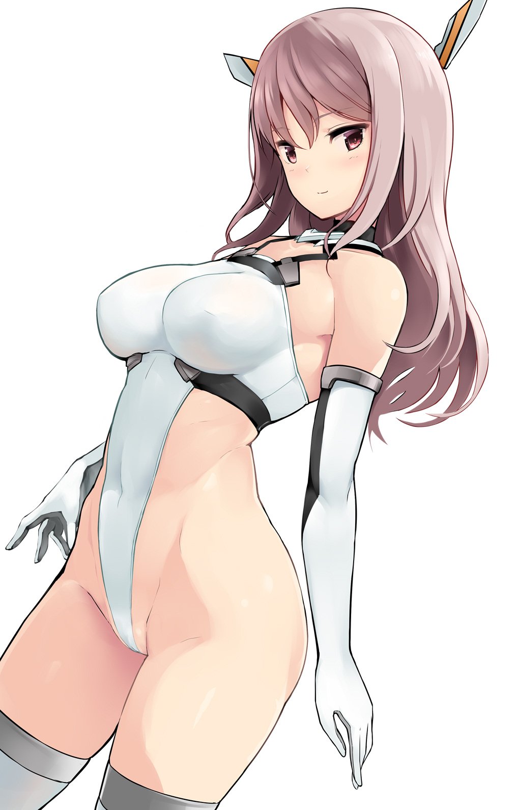 1girl alice_gear_aegis arms_at_sides breasts contrapposto covered_navel cowboy_shot dutch_angle elbow_gloves gloves headgear highleg highleg_leotard highres iinuma_toshinori impossible_clothes impossible_leotard large_breasts leotard long_hair looking_at_viewer pink_hair sidelocks simple_background smile solo thigh-highs white_background white_gloves white_legwear yotsuya_yumi