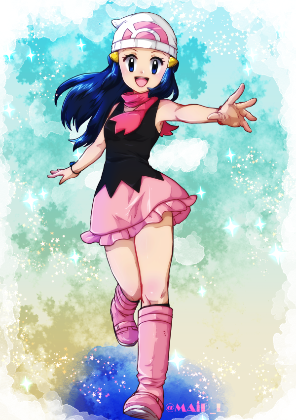 artist_request black_shirt blue_eyes blue_hair hair_ornament hat hikari_(pokemon) long_hair pink_footwear pink_scarf pink_skirt pokeball_symbol pokemon scarf shirt sidelocks skirt smile twitter_username