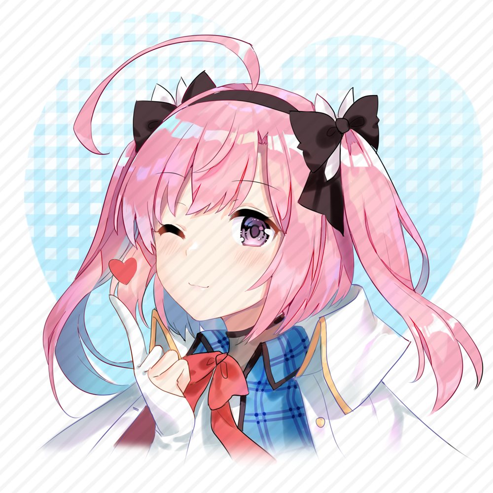 1girl ;) ahoge azur_lane bangs black_bow black_hairband blush bow closed_mouth diagonal-striped_background diagonal_stripes eyebrows_visible_through_hair gingham gloves hair_between_eyes hair_bow hairband hand_up heart index_finger_raised jacket jacket_on_shoulders looking_at_viewer one_eye_closed partly_fingerless_gloves pink_hair plaid red_bow saratoga_(azur_lane) silver15 smile solo striped striped_background two_side_up violet_eyes white_gloves white_jacket