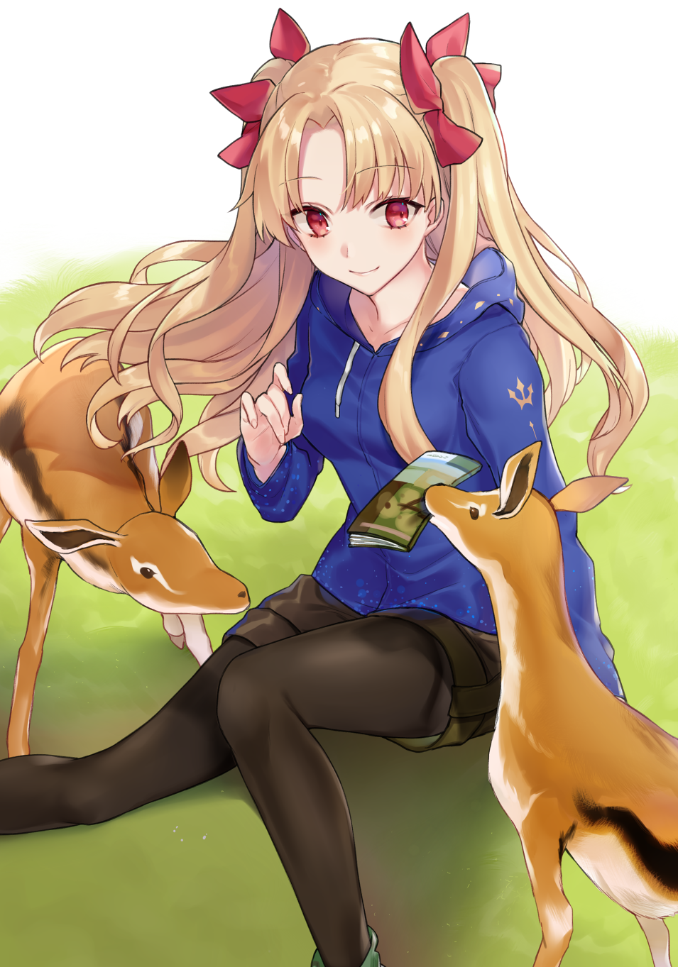 1girl animal bangs black_legwear black_shorts blonde_hair blue_hoodie bow closed_mouth collarbone commentary_request contemporary drawstring ereshkigal_(fate/grand_order) eyebrows_visible_through_hair fate/grand_order fate_(series) fawn fingernails hair_bow hand_up highres hood hood_down hoodie long_hair long_sleeves looking_away mouth_hold on_grass pamphlet pantyhose pantyhose_under_shorts parted_bangs red_bow red_eyes shiao short_shorts shorts sitting smile solo two_side_up very_long_hair white_background