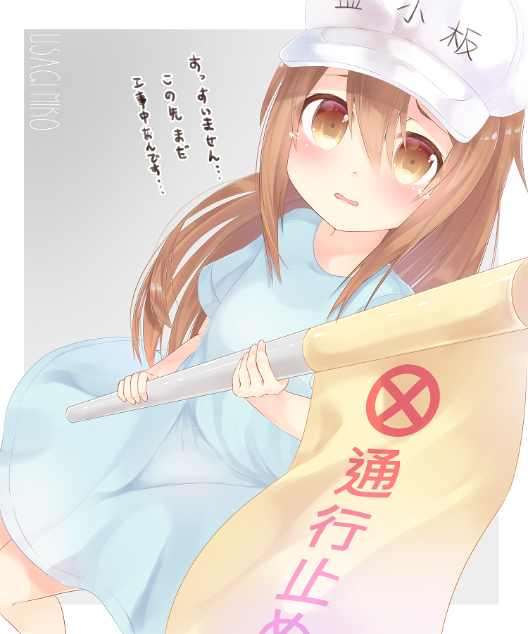 1girl artist_name bangs blue_shirt blush brown_eyes brown_hair commentary_request flag flat_cap grey_background hair_between_eyes hat hataraku_saibou holding holding_flag long_hair looking_at_viewer oversized_clothes oversized_shirt parted_lips platelet_(hataraku_saibou) shirt solo tears translated two-tone_background usagimiko very_long_hair white_background white_hat