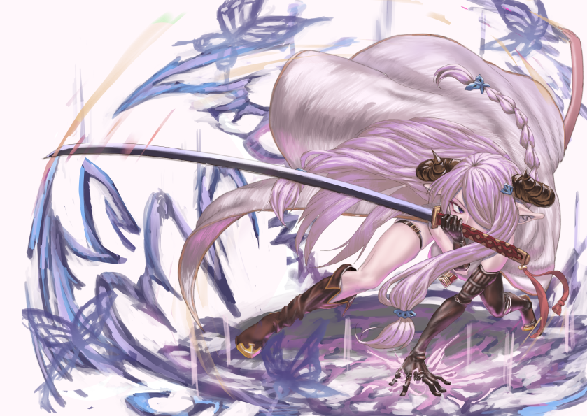 1girl arm_support asymmetrical_footwear asymmetrical_gloves black_gloves boots braid bug butterfly elbow_gloves full_body gloves granblue_fantasy hair_over_one_eye hand_up holding holding_sword holding_weapon horns insect knee_boots leaning_forward long_hair magic narmaya_(granblue_fantasy) ootachi pointy_ears purple_hair scabbard sheath simple_background solo sword tassel thigh-highs thigh_boots thigh_strap tomiokasena tsurime very_long_hair weapon white_background