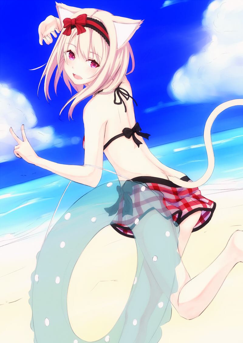 1girl 96tuki animal_ears arms_up beach bikini bikini_skirt blue_sky bow cat_ears cat_girl cat_tail clouds commentary_request curled_fingers day dutch_angle eyebrows_visible_through_hair folded_leg hair_between_eyes hair_bow hairband innertube leg_lift lolita_hairband looking_at_viewer looking_back ocean open_mouth original outdoors pink_eyes pink_hair plaid plaid_bikini plaid_skirt running short_hair sketch skirt sky solo swimsuit tail v