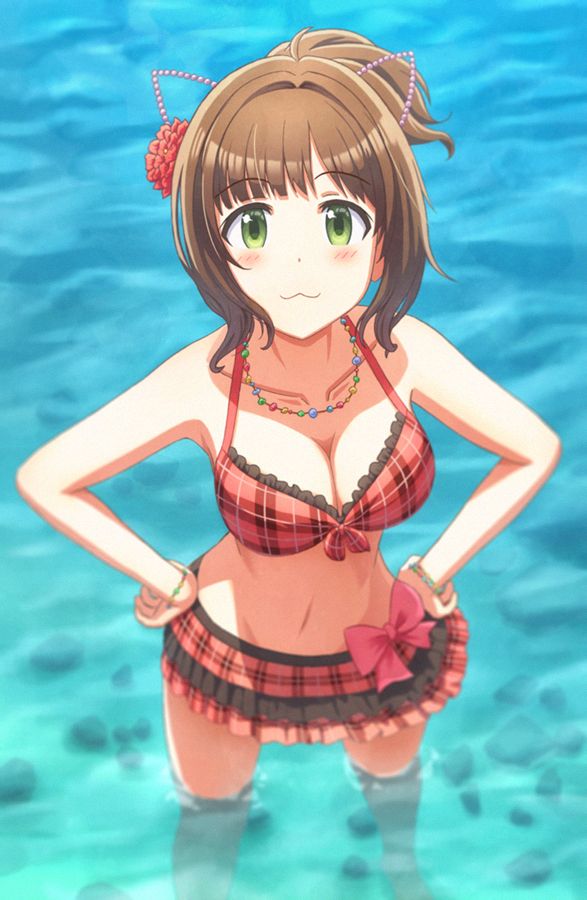 1girl animal_ears bangs bikini bikini_skirt blush bow bracelet breasts brown_hair cat_ears cleavage collar day eyebrows_visible_through_hair fake_animal_ears flower frilled_bikini frills from_above green_eyes groin hair_flower hair_ornament hands_on_hips idolmaster idolmaster_cinderella_girls idolmaster_cinderella_girls_starlight_stage jewelry looking_at_viewer maekawa_miku medium_breasts navel necklace outdoors pink_bow ponytail red_bikini red_flower shiny shiny_hair smile solo swimsuit wading water