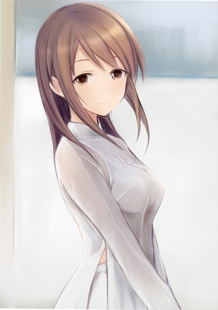 1girl bangs breasts brown_eyes brown_hair character_request floating_hair from_side grey_shirt long_hair looking_at_viewer medium_breasts nannacy7 shirt smile solo standing swept_bangs upper_body