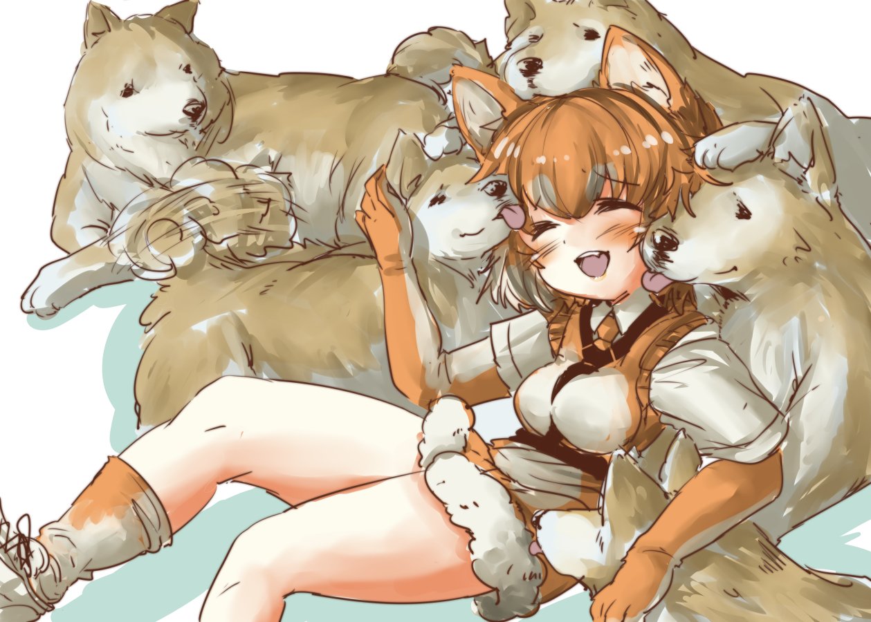 1girl afterimage animal_ears blush collared_shirt commentary_request dog dog_(kemono_friends) dog_ears elbow_gloves eyebrows_visible_through_hair fang fur_trim gloves harness kemono_friends light_brown_hair multicolored_hair necktie open_mouth shirt shoes short_hair short_sleeves shorts sitting sneakers socks tail_wagging tikano white_hair