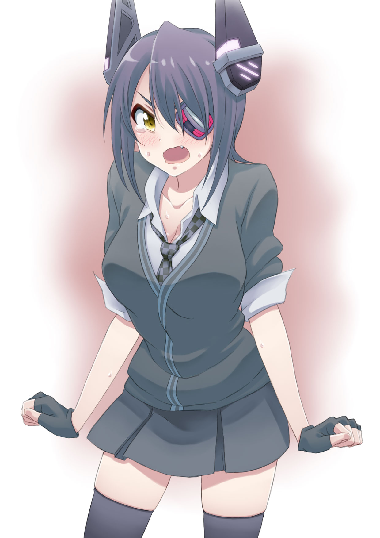 1girl ayumu-k black_gloves black_legwear black_skirt blush breasts checkered checkered_neckwear cleavage eyepatch fang gloves highres kantai_collection large_breasts looking_at_viewer necktie open_mouth partly_fingerless_gloves purple_hair short_hair skirt solo tenryuu_(kantai_collection) thigh-highs yellow_eyes