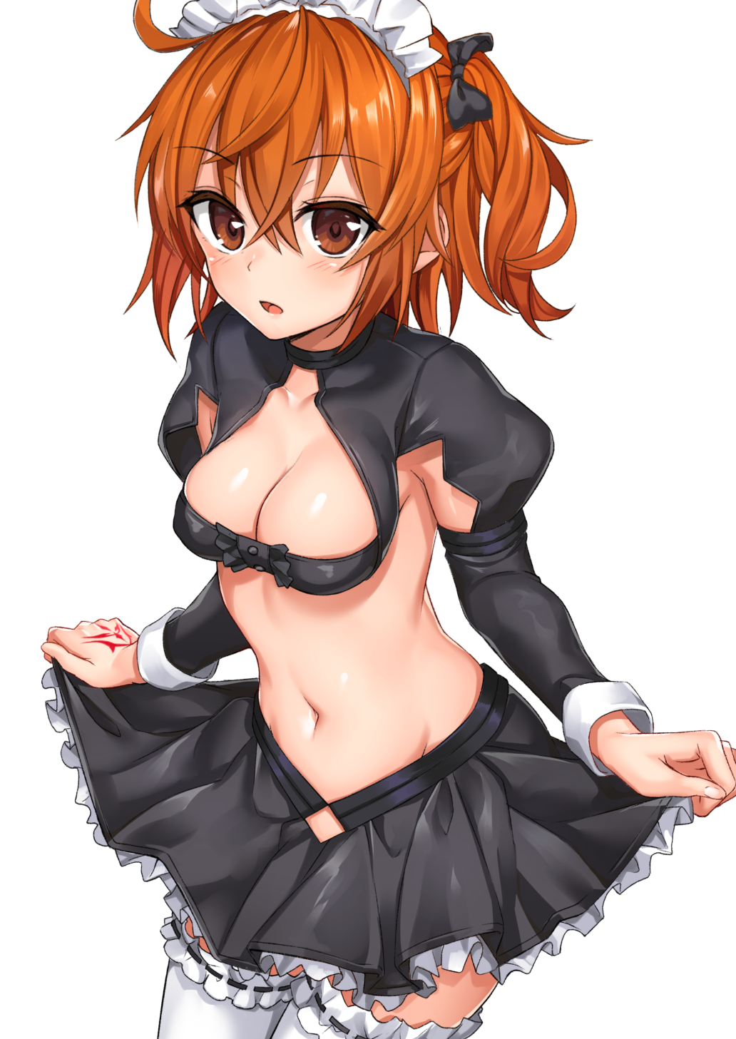 1girl :o ahoge alternate_costume armpit_crease armpit_cutout bangs black_bow black_ribbon black_skirt blush bow breasts brown_eyes cleavage collarbone command_spell cowboy_shot crossed_bangs enmaided eyebrows_visible_through_hair fate/grand_order fate_(series) fujimaru_ritsuka_(female) garters groin hair_between_eyes hair_bow hair_ribbon highres juliet_sleeves long_sleeves looking_at_viewer maid maid_headdress medium_breasts medium_hair midriff miniskirt navel one_side_up open_mouth orange_hair puffy_sleeves ribbon shiny shiny_hair shiny_skin shrug_(clothing) shuutou_haruka simple_background skirt skirt_hold solo standing stomach thigh-highs white_background white_legwear