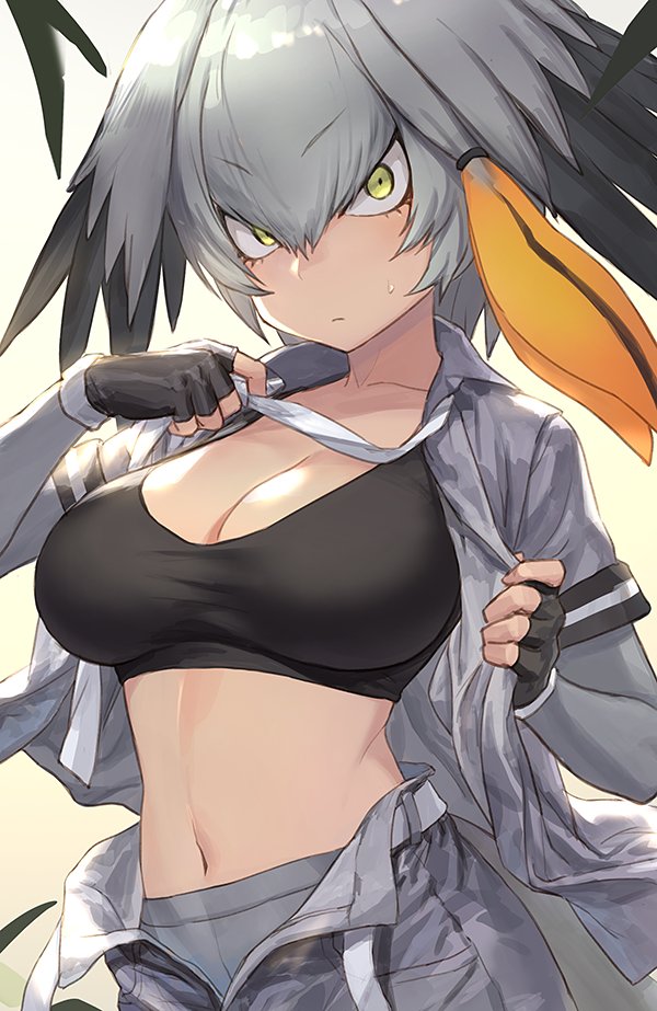 1girl bangs black_bra black_gloves blonde_hair bra breasts cleavage detached_sleeves eyebrows_visible_through_hair fingerless_gloves gloves green_eyes grey_hair grey_legwear guchico head_wings kemono_friends large_breasts looking_at_viewer midriff multicolored_hair navel open_clothes open_pants open_shirt pantyhose shoebill_(kemono_friends) silver_hair simple_background solo sports_bra sweatdrop tsurime underwear undressing