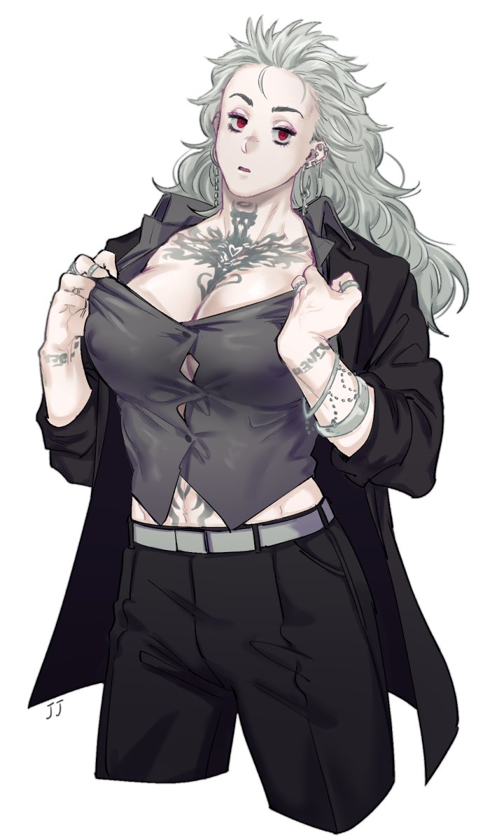 1girl breasts dorohedoro earrings jacket jewelry long_hair noi_(dorohedoro) open_mouth red_eyes ring solo tattoo white_hair