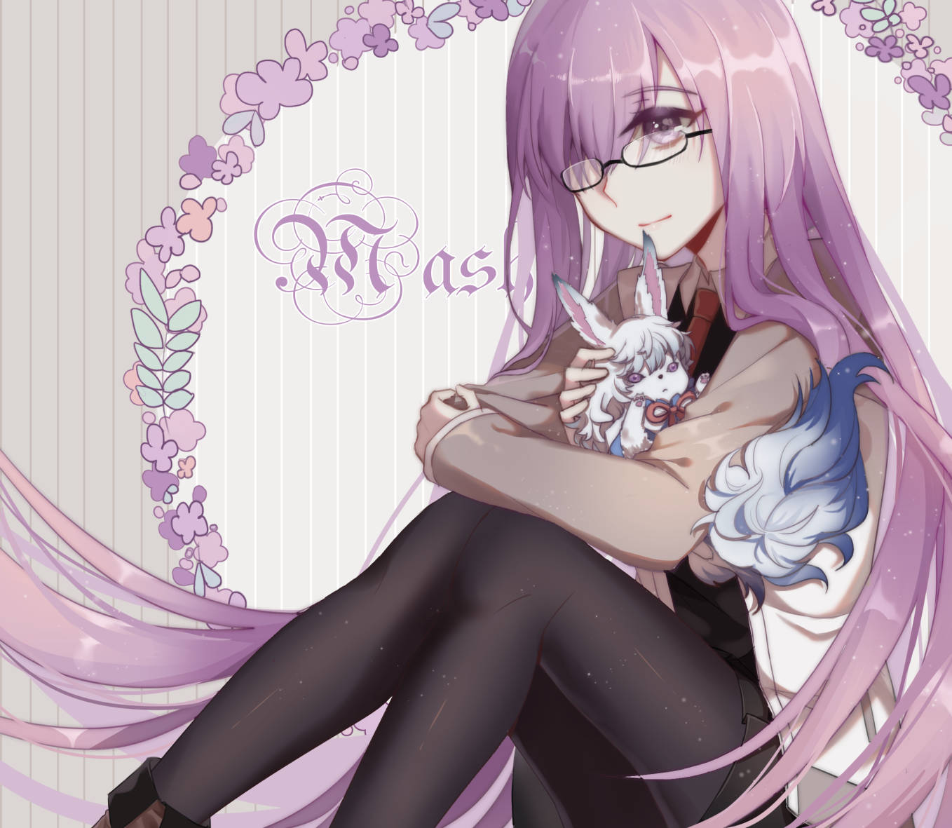 1girl alternate_hairstyle black-framed_eyewear black_dress black_legwear boots brown_footwear character_name crossed_arms dress eyebrows_visible_through_hair fate/grand_order fate_(series) floating_hair fou_(fate/grand_order) glasses grey_background grey_jacket holding idass_(1155101099) jacket long_hair mash_kyrielight neck_ribbon necktie open_clothes open_jacket pantyhose pleated_dress purple_hair red_neckwear red_ribbon ribbon semi-rimless_eyewear shiny shiny_clothes short_dress sittign smile solo striped striped_background under-rim_eyewear very_long_hair violet_eyes