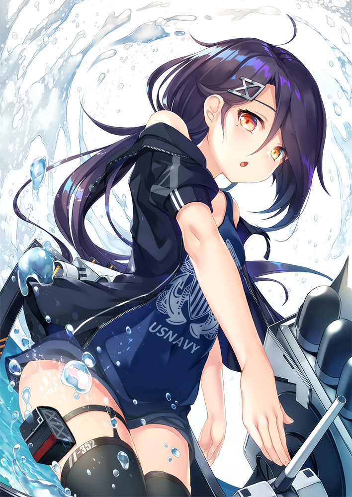 1girl ahoge arms_at_sides azur_lane belt_pouch black_hair breasts cannon cassin_(azur_lane) commentary_request hair_ornament hairclip heterochromia jacket kurenai_musume long_hair looking_at_viewer mole mole_under_eye no_pants ocean open_mouth ponytail pouch remodel_(azur_lane) shirt simple_background small_breasts solo thigh-highs torpedo_tubes water_drop white_background