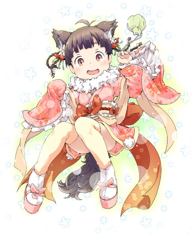 1girl animal_ears bike_shorts braid brown_eyes brown_hair child dog_ears dog_tail girl ham_(points) japanese_clothes kimono obi original pouch ribbon sash simple_background smile tabi tail zouri