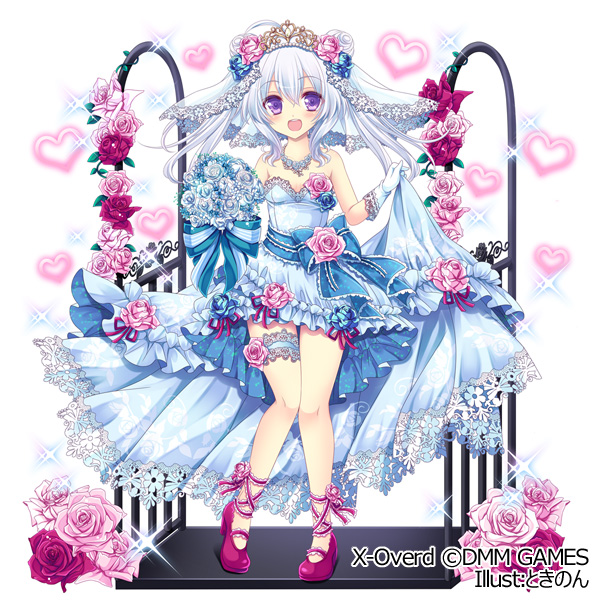 bare_shoulders blue_bow blue_dress bow breasts bridal_veil copyright_name dmm dress flower gloves heart long_hair nonno official_art pink_footwear silver_hair skirt_hold small_breasts sparkle standing thigh_strap tiara tokinon veil violet_eyes watermark white_gloves x-overd