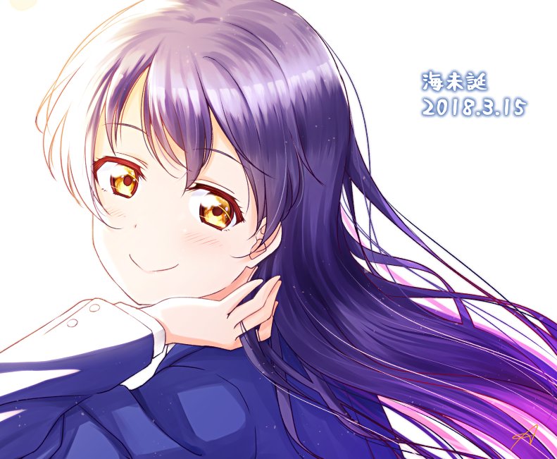 1girl anibache bangs blue_hair blush commentary_request dated hand_in_hair long_hair looking_at_viewer looking_back love_live! love_live!_school_idol_project otonokizaka_school_uniform portrait simple_background smile sonoda_umi white_background yellow_eyes