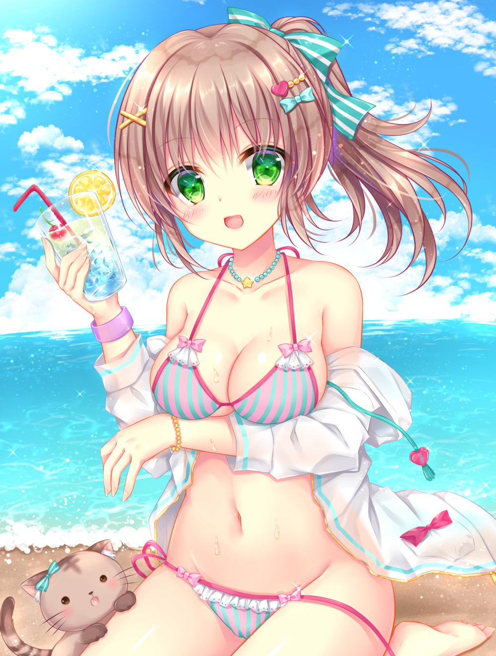 1girl :d animal bangs bare_shoulders bendy_straw bikini blue_sky blush bow bow_bikini breasts brown_hair cat cleavage clouds cloudy_sky collarbone commentary_request cup day drink drinking_glass drinking_straw eyebrows_visible_through_hair fang green_bow green_eyes hair_between_eyes hair_bow hair_ornament hairclip highres holding holding_drinking_glass hood hood_down hooded_jacket horizon ice ice_cube jacket jewelry kohinata_hoshimi long_hair medium_breasts necklace ocean off_shoulder open_mouth original outdoors pink_bow ponytail side-tie_bikini sky smile solo star striped striped_bow swimsuit vertical-striped_bikini vertical_stripes water white_jacket x_hair_ornament