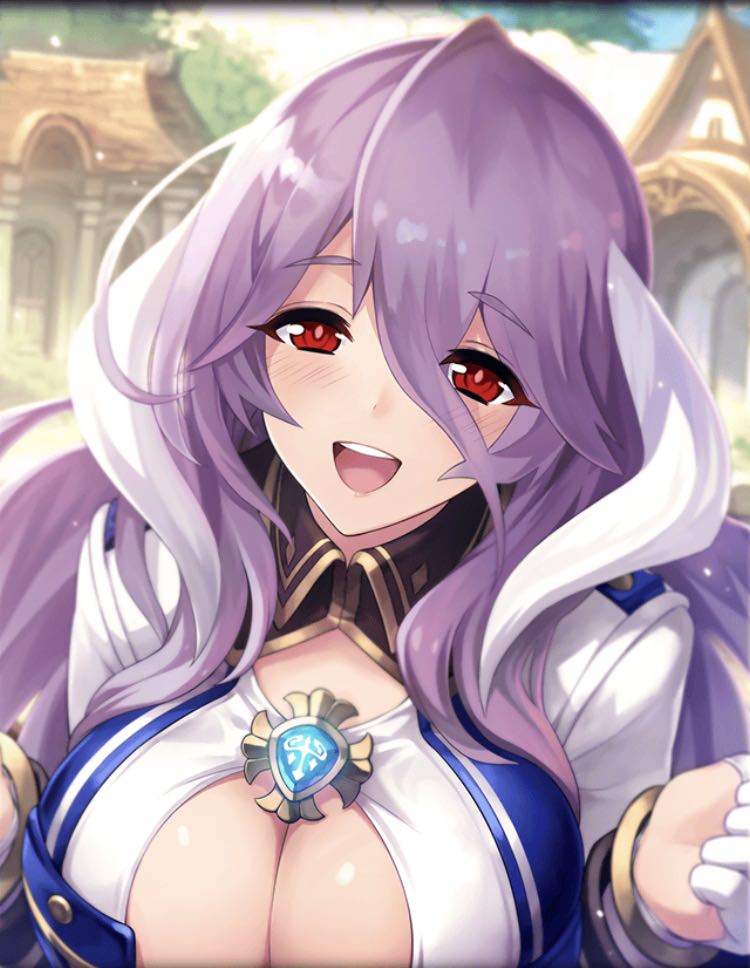 1girl ancient_killers_(phantom_of_the_kill) artist_request blush breasts cleavage cleavage_cutout eyebrows_visible_through_hair freischutz_(phantom_of_the_kill) gloves hair_between_eyes huge_breasts long_hair official_art open_mouth phantom_of_the_kill purple_hair red_eyes smile