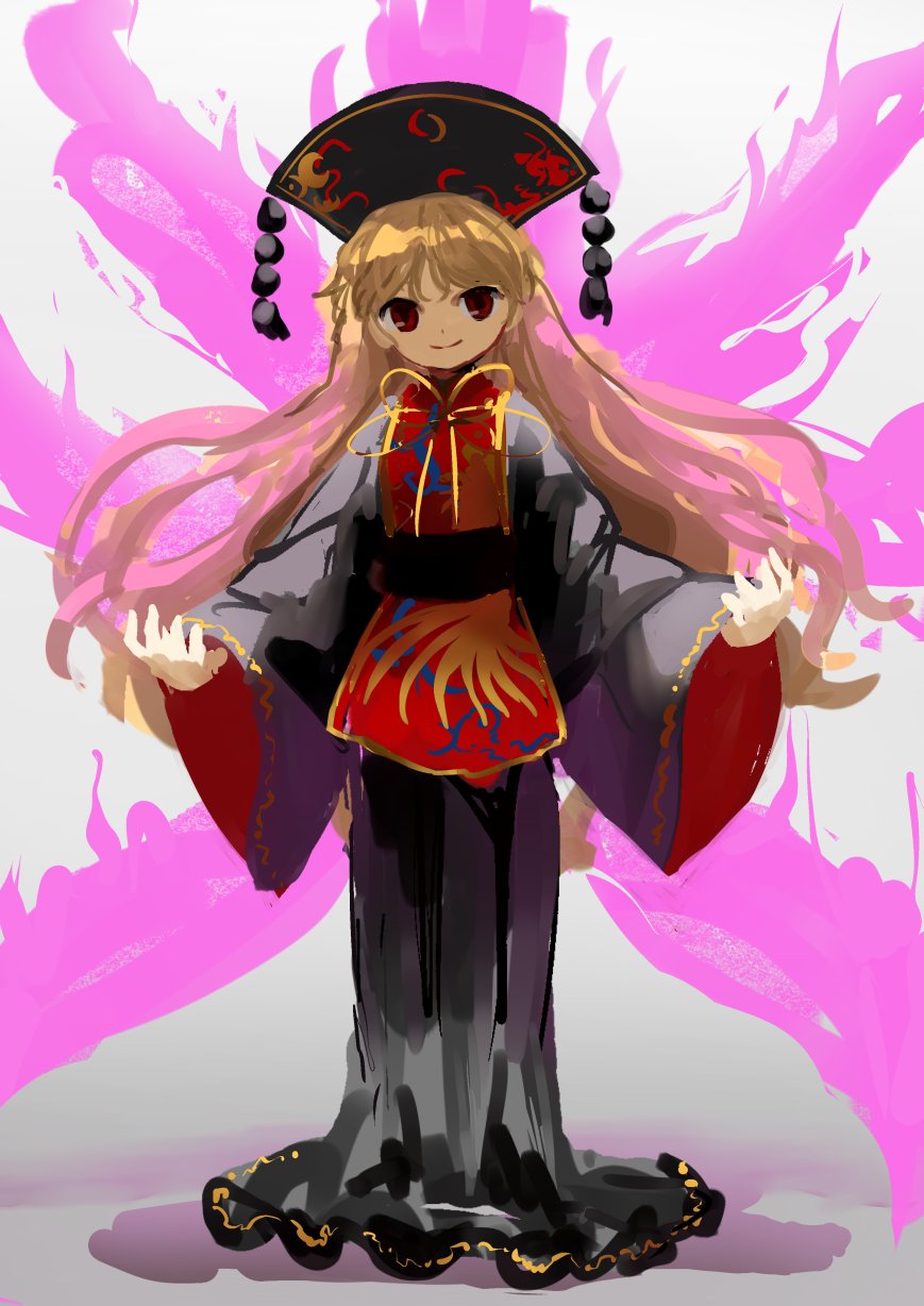 1girl bangs black_dress black_hat blonde_hair closed_mouth crescent_moon dress fox_tail full_body hat highres junko_(touhou) long_hair long_sleeves looking_at_viewer moon multiple_tails red_eyes sash smile solo standing suna_(s73d) tabard tail touhou very_long_hair wide_sleeves