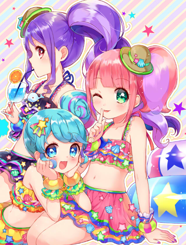 3girls ;p aqua_eyes bangle bangs bikini bikini_skirt black_bikini blue_eyes blue_hair blunt_bangs blush bracelet chin_rest cup diagonal-striped_background diagonal_stripes drinking drinking_glass drinking_straw eyebrows finger_to_mouth food fruit hair_ornament hat holding holding_drinking_glass index_finger_raised jewelry junon_(pripara) kanon_(pripara) long_hair looking_at_viewer midriff multicolored multicolored_bikini multicolored_clothes multicolored_hair multiple_girls nail_polish navel one_eye_closed orange orange_slice pink_bikini pink_hair pinon_(pripara) pripara purple_hair purple_nails red_eyes red_nails seashell shell side_bun side_ponytail sidelocks sitting star star_hair_ornament star_hat_ornament striped striped_background swept_bangs swimsuit tongue tongue_out touyama_soboro violet_eyes yellow_bikini