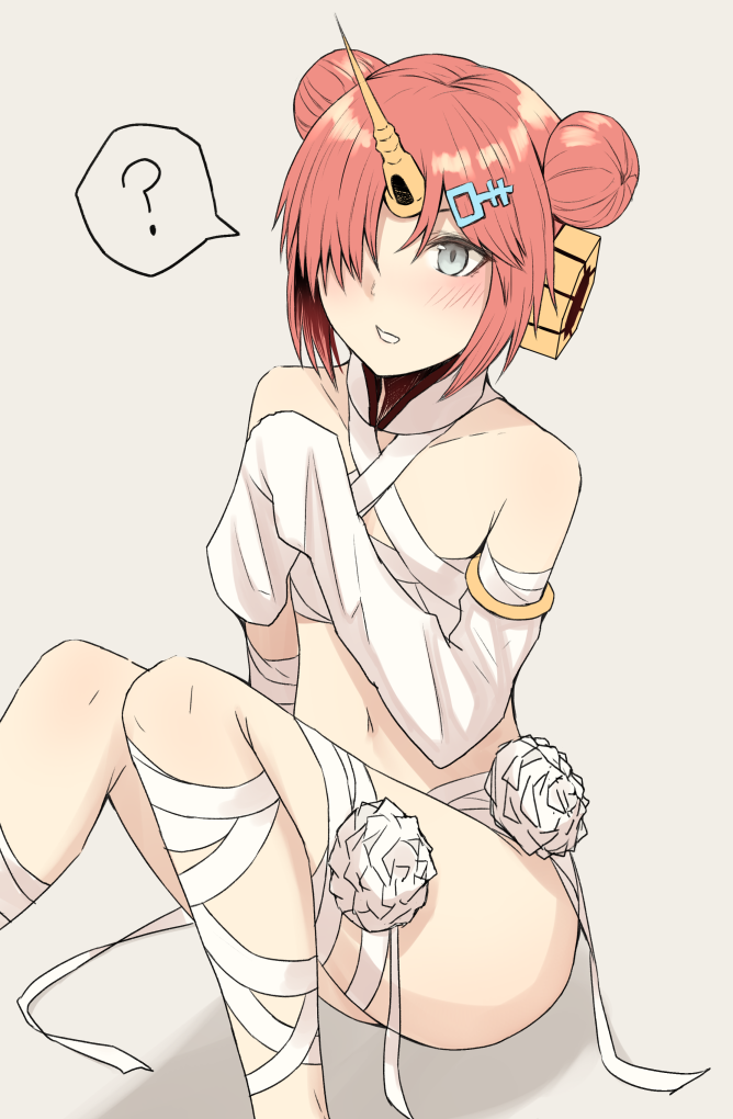 1girl ? bandage bandaged_leg bandages bangs bare_shoulders blush brown_background brown_hair collarbone commentary_request double_bun fate/grand_order fate_(series) flower frankenstein's_monster_(fate) frankenstein's_monster_(swimsuit_saber)_(fate) grey_eyes hair_ornament hair_over_one_eye horn long_sleeves looking_at_viewer mizoredama naked_bandage navel parted_lips rose side_bun single_detached_sleeve sitting sleeves_past_fingers sleeves_past_wrists solo spoken_question_mark white_flower white_rose