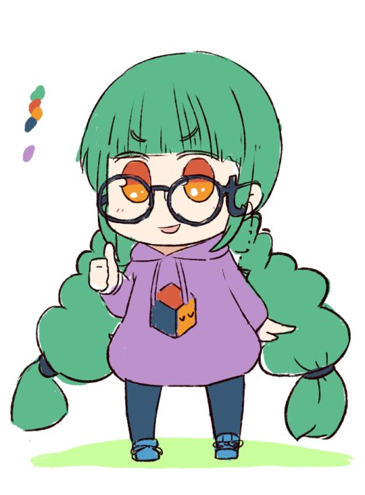 0_0 1girl :d bangs blue-framed_eyewear blue_footwear blue_legwear blunt_bangs braid chibi color_guide commentary_request full_body glasses glasses_day green_hair hood hood_down hoodie leggings long_hair long_sleeves open_mouth orange_eyes personification print_hoodie purple_hoodie round_eyewear smile solo standing thumbs_up tsukigi tumblr twin_braids twitter-san v-shaped_eyebrows very_long_hair