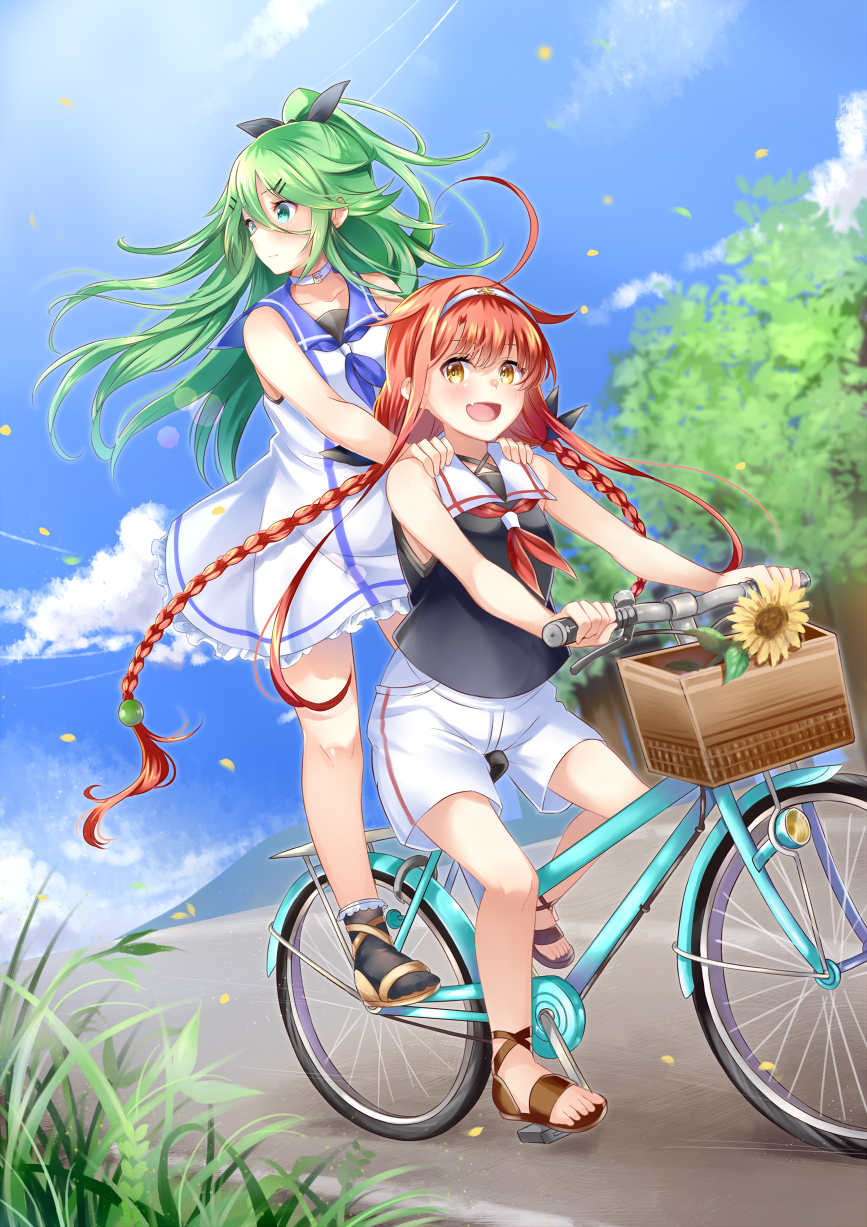 2girls :d ahoge bangs bare_arms bare_shoulders bicycle bicycle_basket black_ribbon black_shirt blue_neckwear blue_sailor_collar blue_sky blush braid brown_eyes clouds commentary_request day dress eyebrows_visible_through_hair fang flower green_eyes green_hair ground_vehicle hair_between_eyes hair_flaps hair_ornament hair_ribbon hairband highres kantai_collection kawakaze_(kantai_collection) long_hair looking_at_viewer looking_away looking_to_the_side low_twintails mashiro_aa multiple_girls multiple_riders neckerchief open_mouth outdoors petals redhead ribbon sailor_collar sailor_dress shirt short_shorts shorts sky sleeveless sleeveless_dress sleeveless_shirt smile standing sunflower twin_braids twintails very_long_hair white_dress white_hairband white_sailor_collar white_shorts yamakaze_(kantai_collection) yellow_flower