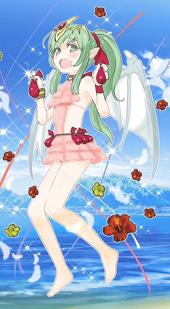 1girl bare_shoulders barefoot blue_sky chiki clouds day dragon_wings fire_emblem fire_emblem:_mystery_of_the_emblem fire_emblem_heroes flower green_eyes green_hair hair_ribbon long_hair mamkute open_mouth pink_swimsuit pointy_ears ponytail red_ribbon ribbon sasakimuu sky solo swimsuit tiara water wings