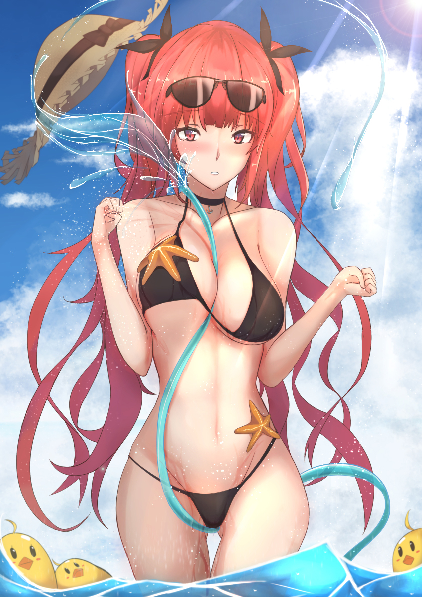 1girl alternate_costume azur_lane bangs bare_arms between_breasts bikini black_bikini black_ribbon blue_sky blush breast_lift breasts choker cleavage clouds collarbone day eyebrows_visible_through_hair eyewear_on_head gluteal_fold groin hair_ribbon hat hat_removed headwear_removed highres honolulu_(azur_lane) hose in_water large_breasts long_hair looking_at_viewer navel outdoors parted_lips partially_submerged red_eyes redhead ribbon sidelocks sky solo splashing starfish stomach sun sun_hat sunglasses sunlight swimsuit tan thighs twintails water yusha_(m-gata)