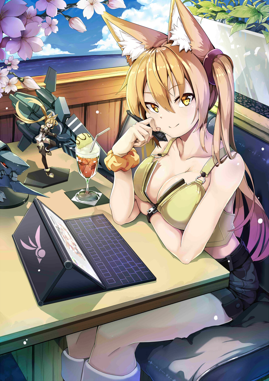 1girl animal_ears bangs bare_arms bare_shoulders black_belt blue_sky boots branch breasts brown_hair brown_scrunchie brown_shorts brown_tank_top cherry_blossoms cleavage closed_mouth collarbone commentary_request cup day drinking_glass drinking_straw eyebrows_visible_through_hair figure fox_ears from_above hair_between_eyes hair_ornament hair_scrunchie head_tilt highres holding_stylus horizon ice ice_cube jie_laite knee_boots large_breasts long_hair looking_at_viewer ocean orange_scrunchie original plant scrunchie shiny shiny_hair shorts sidelocks sitting sky smile solo stylus table tablet_pc tank_top tsurime twintails white_footwear wrist_scrunchie yellow_eyes zipper_pull_tab